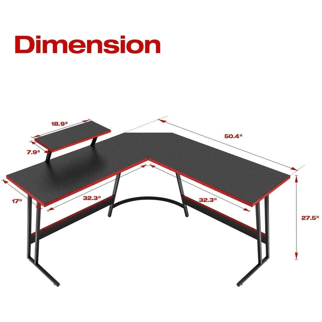 L-Shaped Gaming Computer Desk With Removable Monitor Stand, 51.3 in x 19.8 in x 29 in