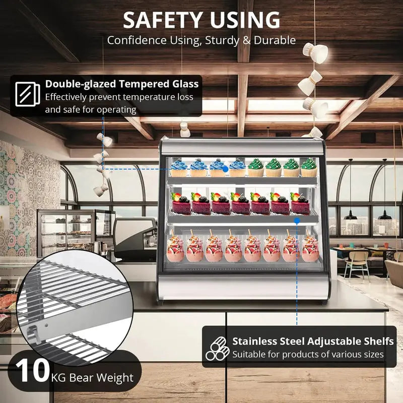 Commercial Countertop Refrigerated Display Case - 130L (4.6 Cu. Ft.), Tempered Glass, LED Lighting