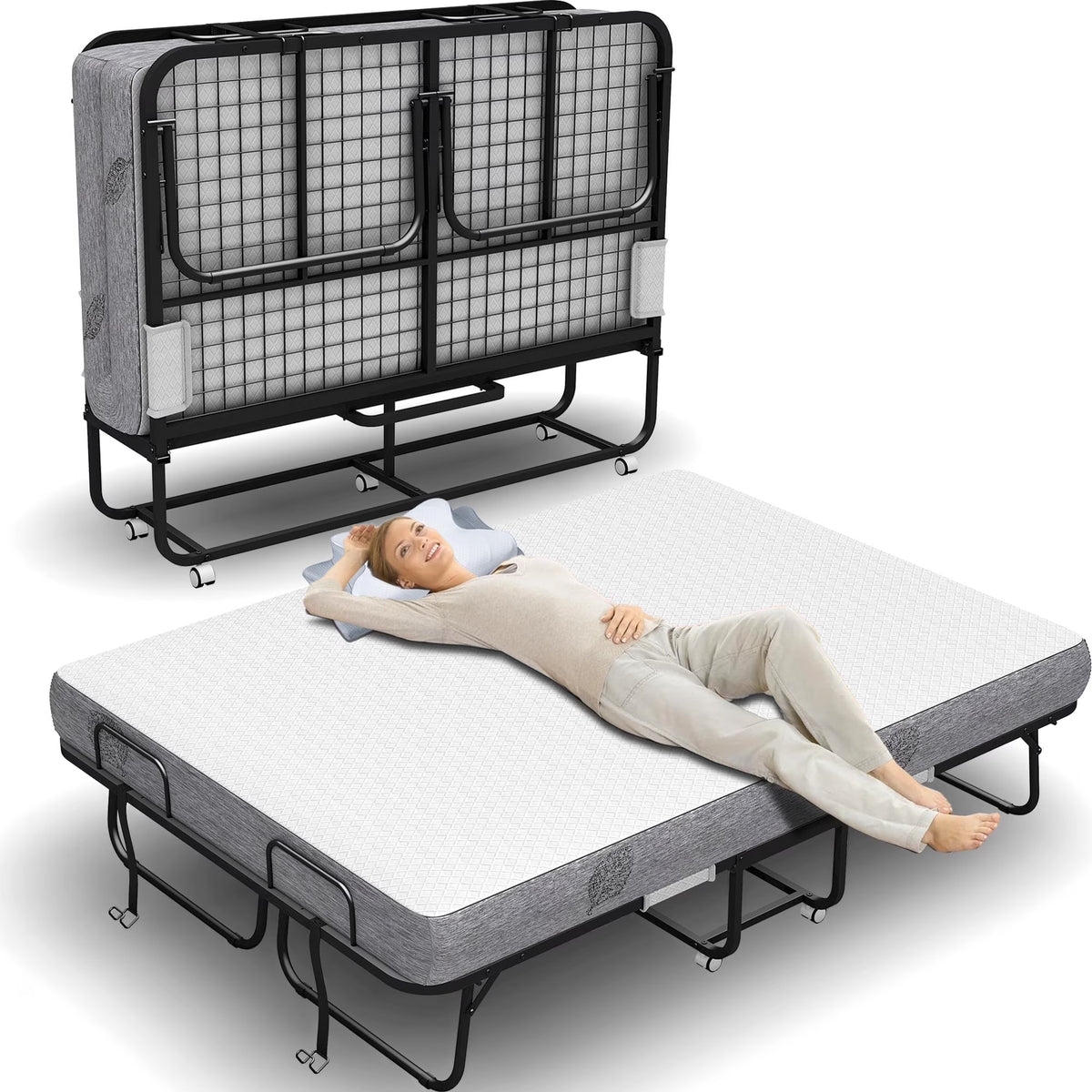 Folding Rollaway Guest Bed With 75in x 31in Cot Mattress And 5in Memory Foam