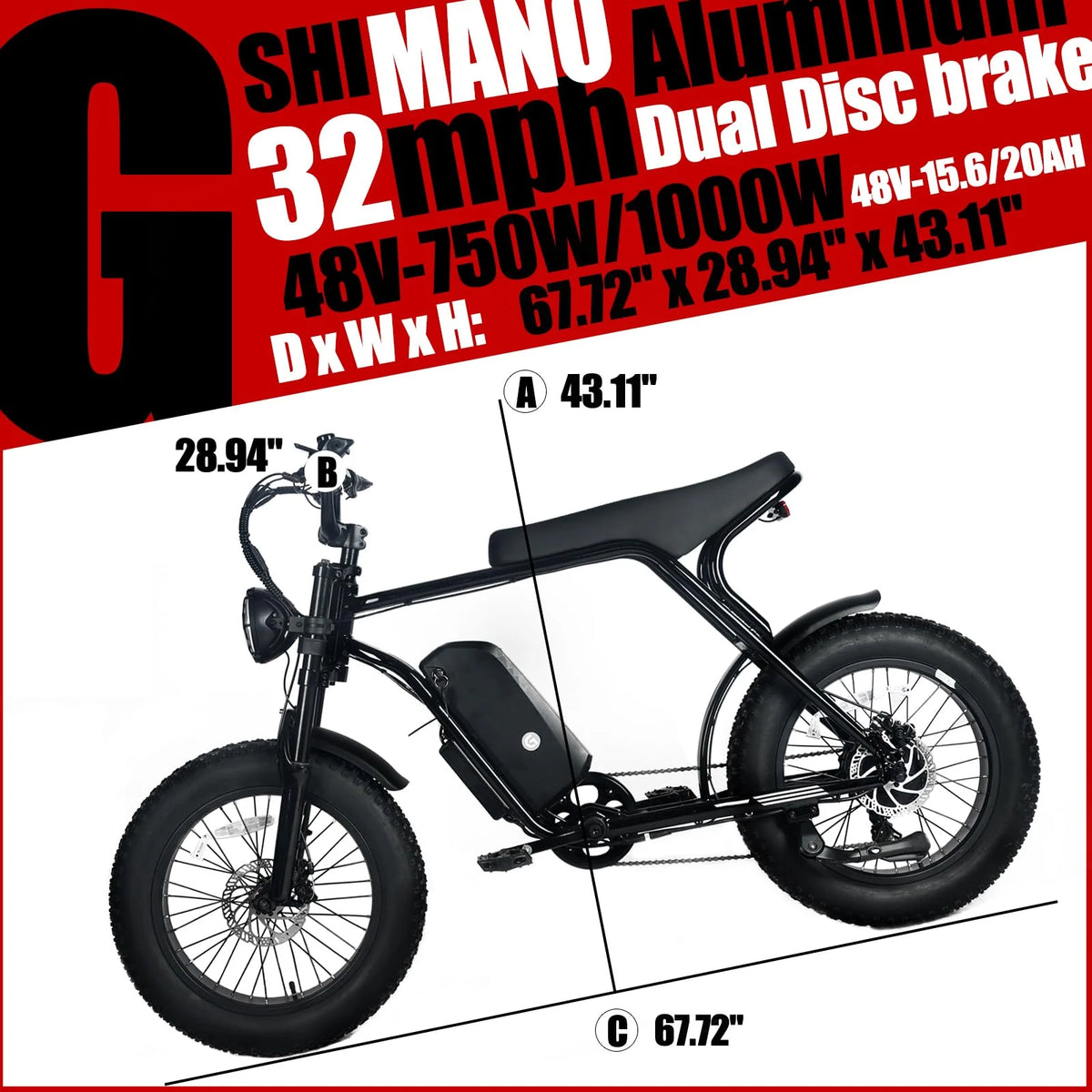 Electric Mountain Bike For Adults With 20 x 4.0 Fat Tires, 1000W Motor, 48V 20Ah Removable Battery, 45MPH Speed, 7-Speed