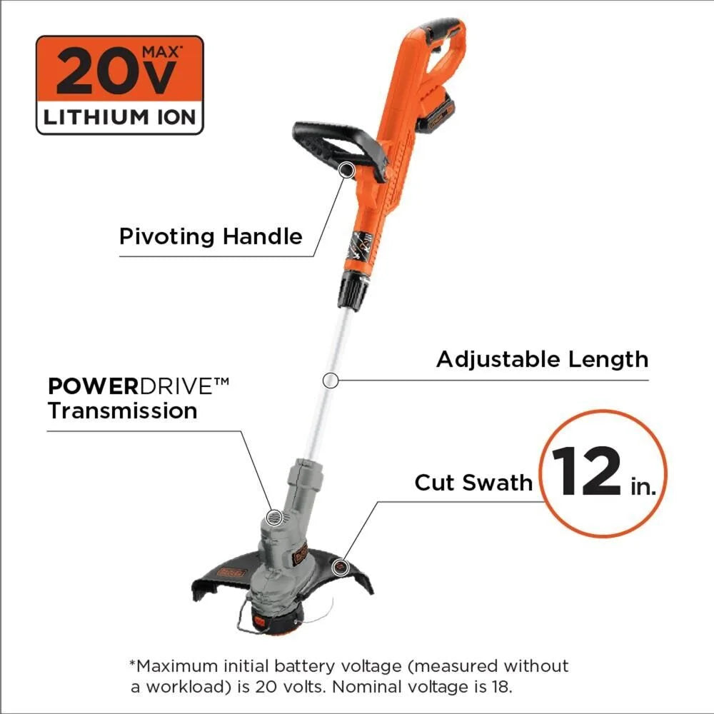 BLACK+DECKER 20V Cordless String Trimmer And Edger With 2Ah Lithium Ion Battery