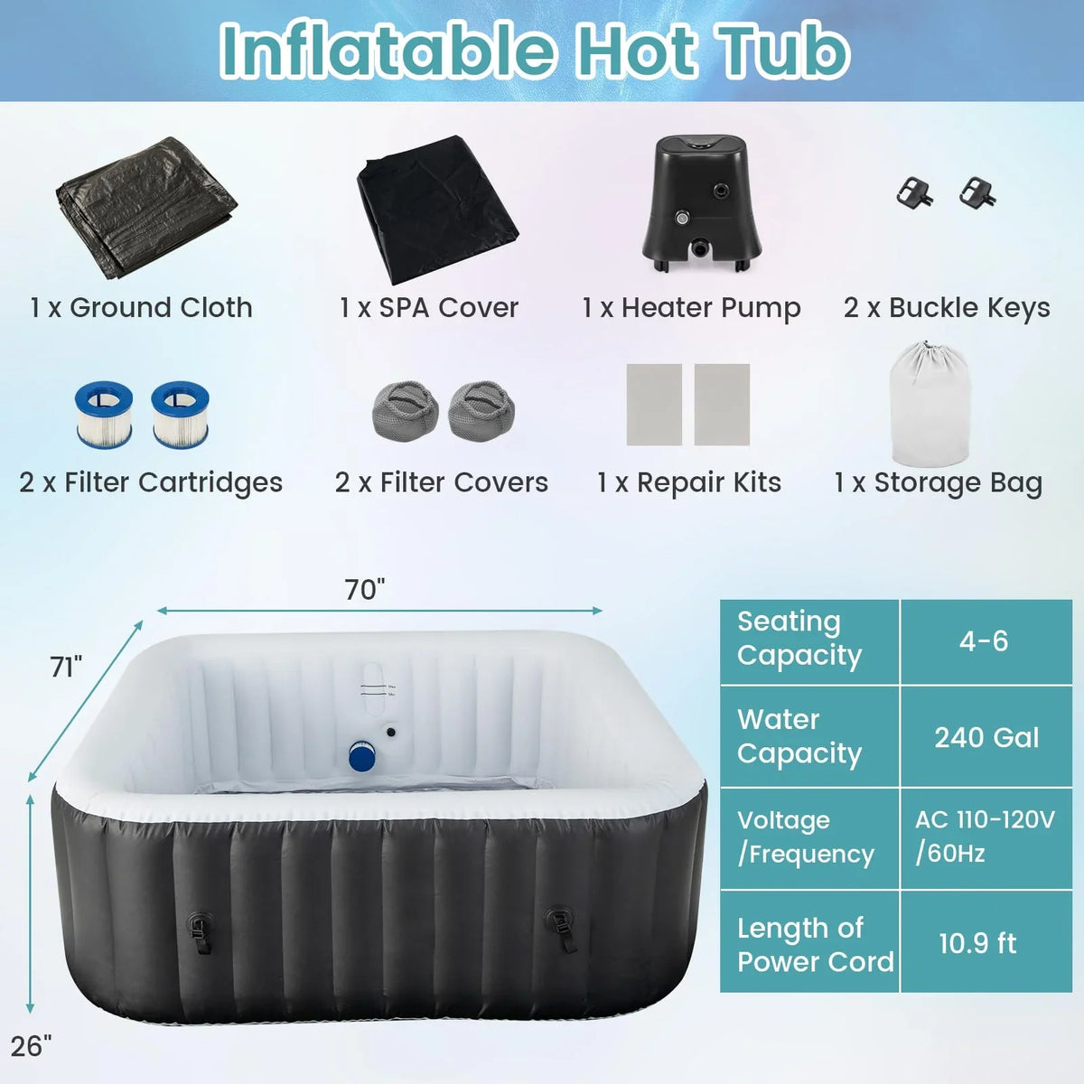 Inflatable Hot Tub, 70-80 in Round Or 71 x 70 in Rectangular, 2-6 Person