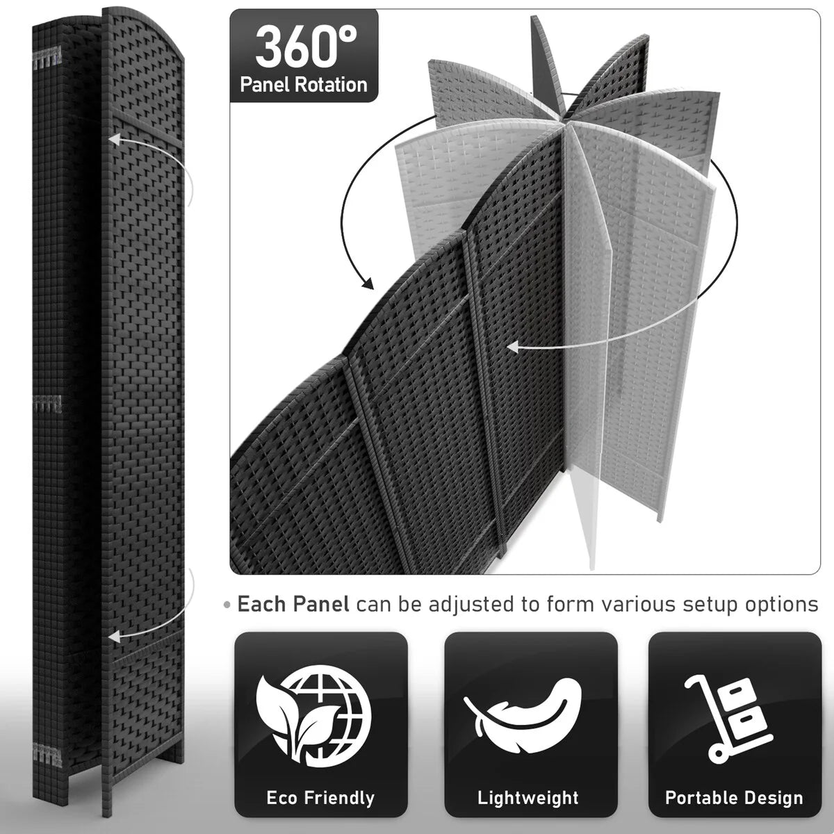 6-Panel Room Divider Privacy Screen With Hand-Woven Mesh Panels - 6 Ft Tall