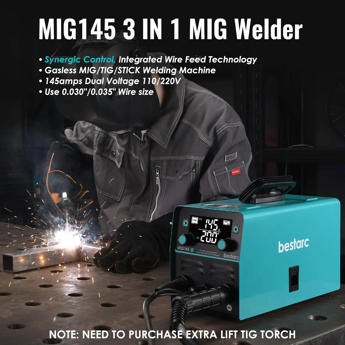 bestarc 145A 3-in-1 MIG Welder, 110V/220V - MIG145-9GEN-110/220V, MIG145-1122