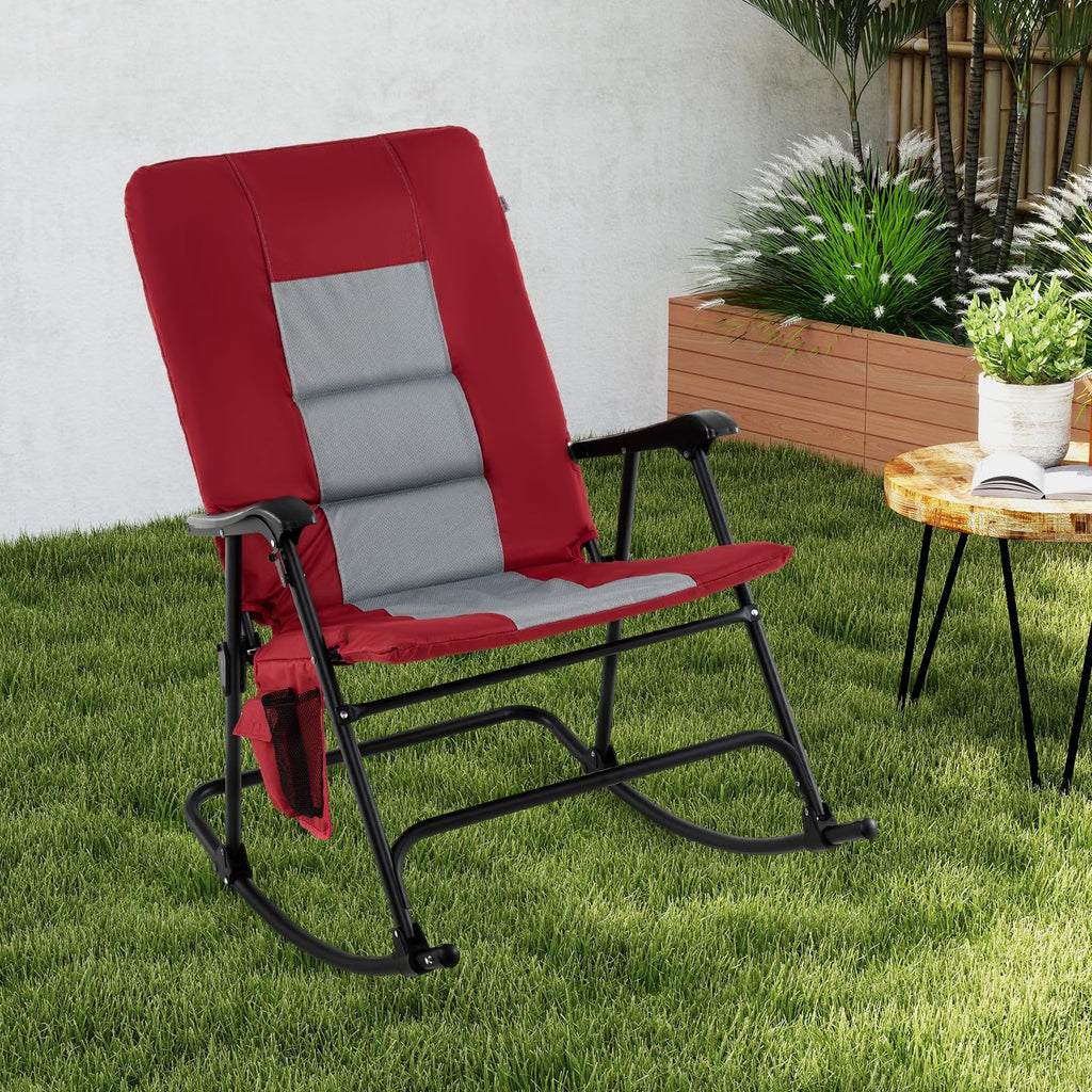Oversized Folding Rocking Chair With Padded Seat, Metal Frame And Side Pocket