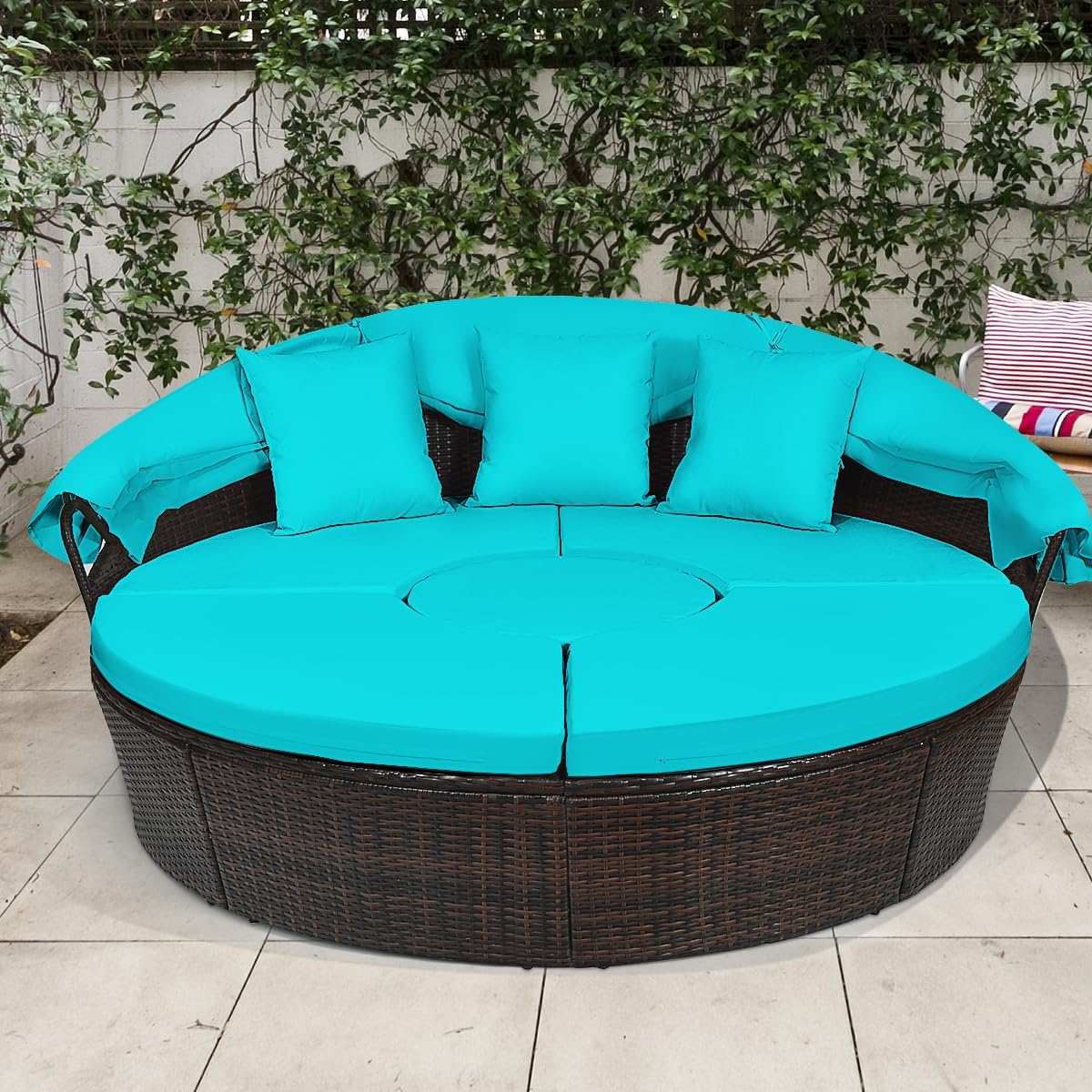 Rattan Round Outdoor Daybed With Retractable Sunshade Canopy, Cushions And Lift-Top Coffee Table