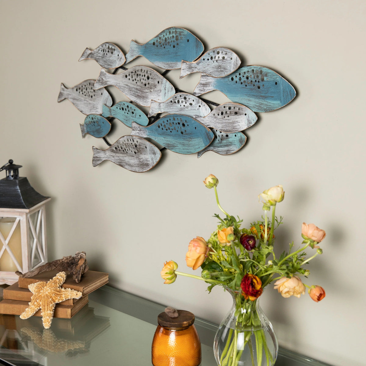 Metal Fish Wall Sculpture, Blue And Aqua, 35.75 Inches H x 14.75 Inches W x 1.75 Inches D