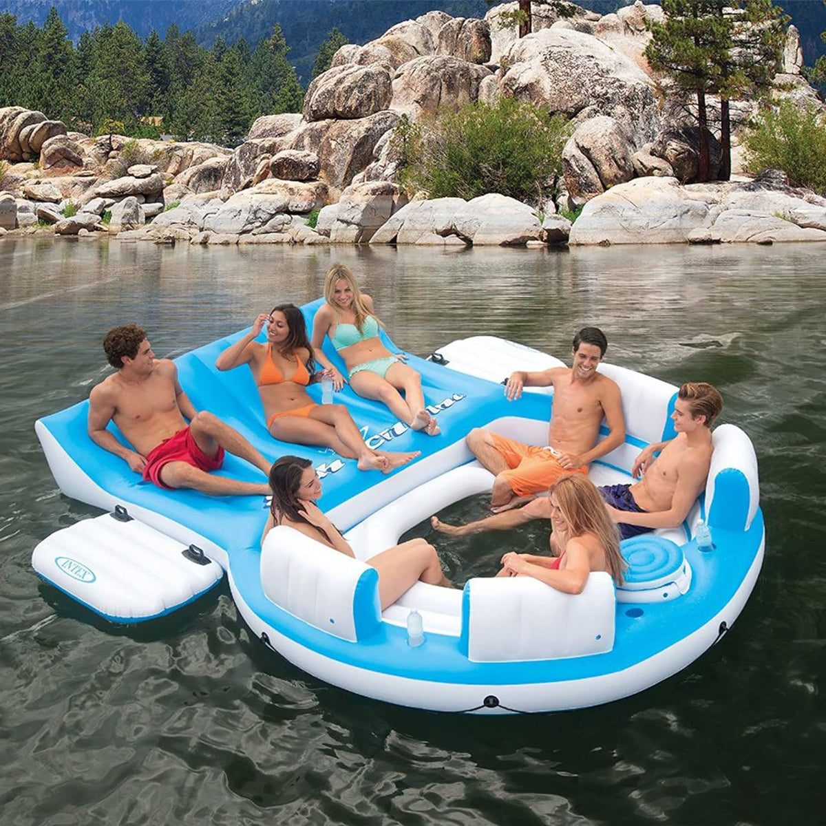 Inflatable Lake And Pool Relaxation Island Lounger, 145 x 125 x 20 in, Blue And White - 56299EP