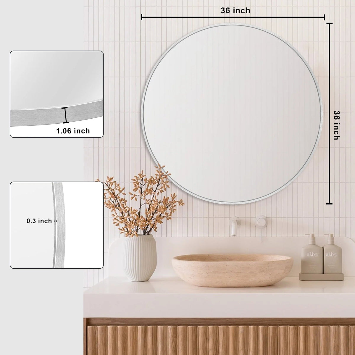 Round Bathroom Vanity Mirror, 24x24 / 36x36, Black, Brushed Gold or Silver