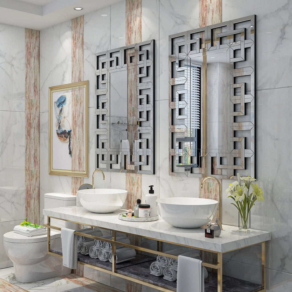 Silver Geometric Decorative Wall Mirror, 39.4in x 27.6in - MDF And Glass