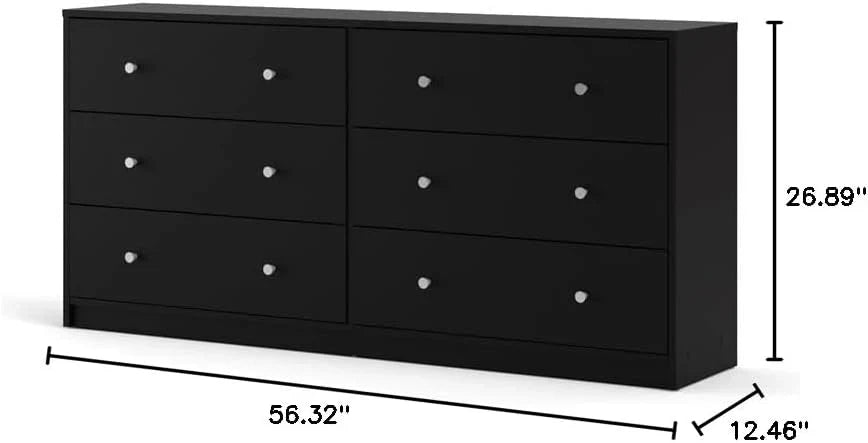 3-Piece Scandinavian Engineered Wood Bedroom Furniture Set With Black 6-Drawer Dresser, 3-Drawer Chest And Nightstand