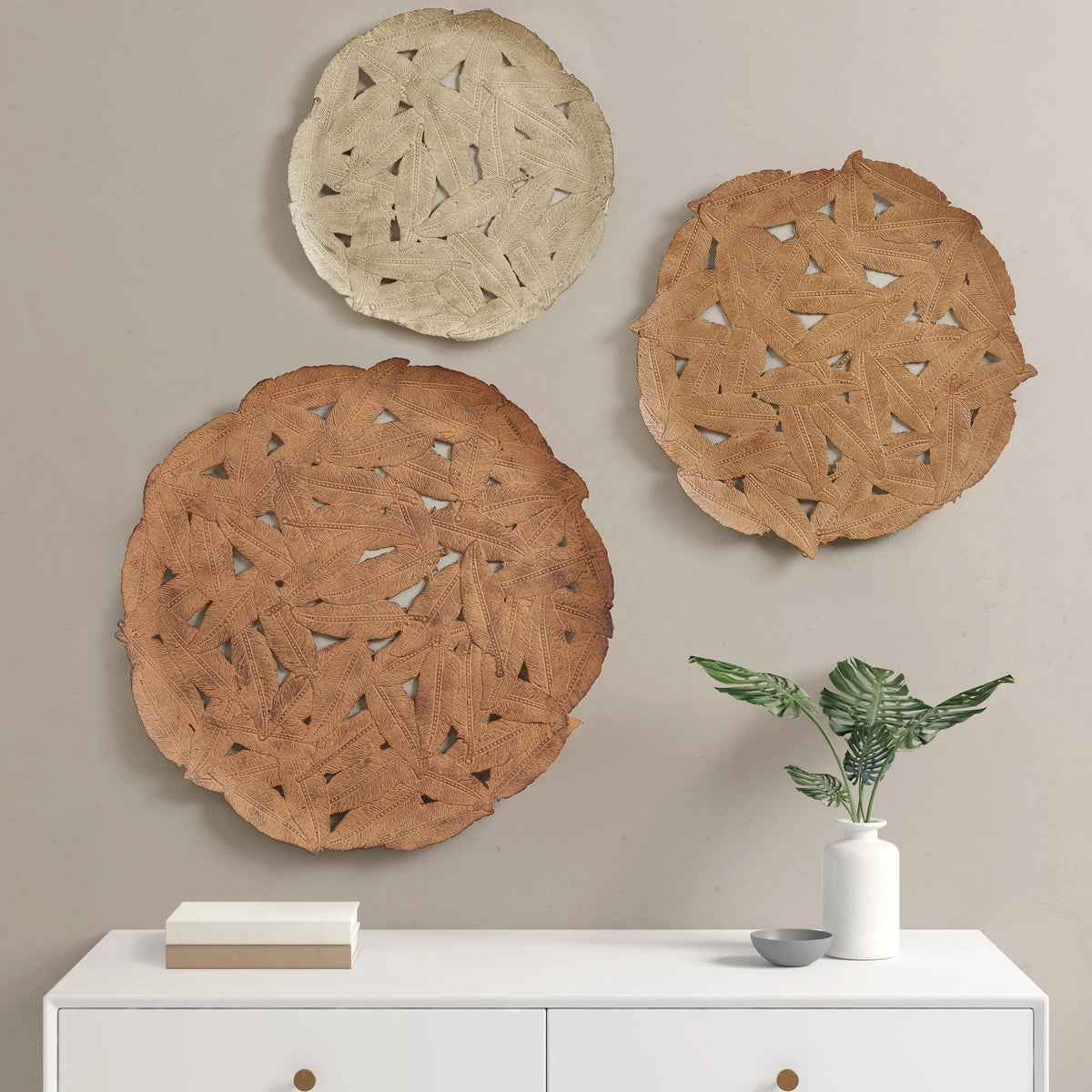 Textured Feather 3-Piece Metal Disc Wall Decor Set - 20in, 17.25in, 14.25in