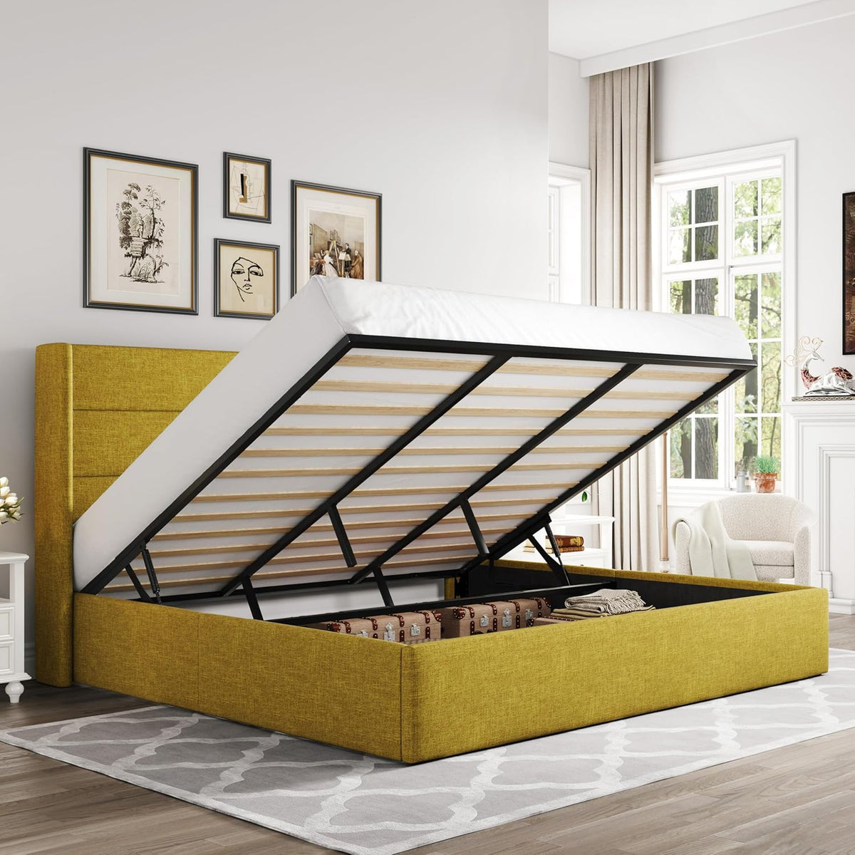 Queen Size Lift-Up Storage Bed With Wingback Headboard, Upholstered Platform Bed Frame With Hidden Storage