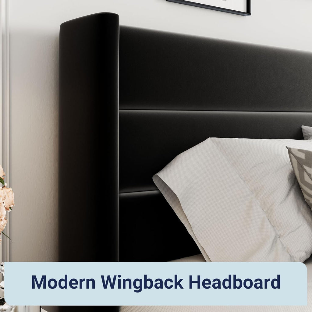 Queen Size Lift-Up Storage Bed With Wingback Headboard, Upholstered Platform Bed Frame With Hidden Storage