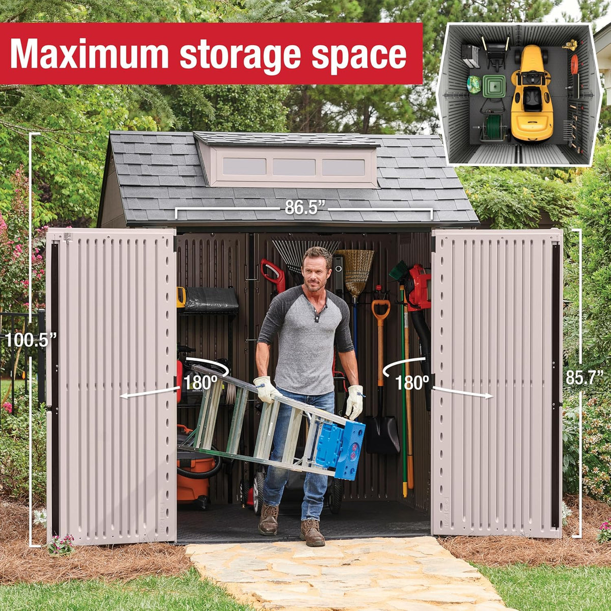 Rubbermaid Resin Outdoor Storage Shed With Floor, 7x7 ft, Gray
