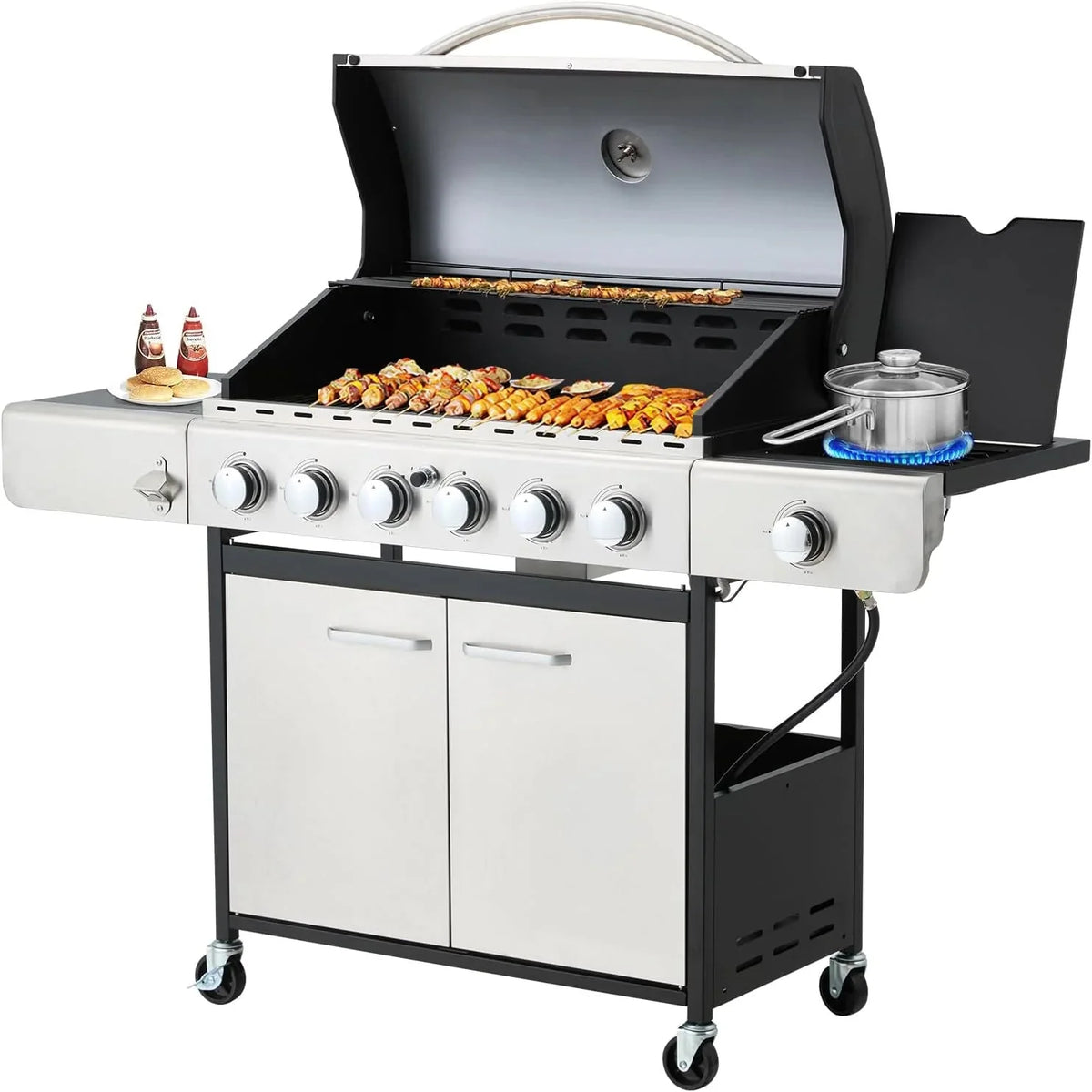 MELLCOM 4 Burner Propane Gas Grill With Cast Iron Grates And Side Stove, 44,000 BTU, Black - BBQ-4+1