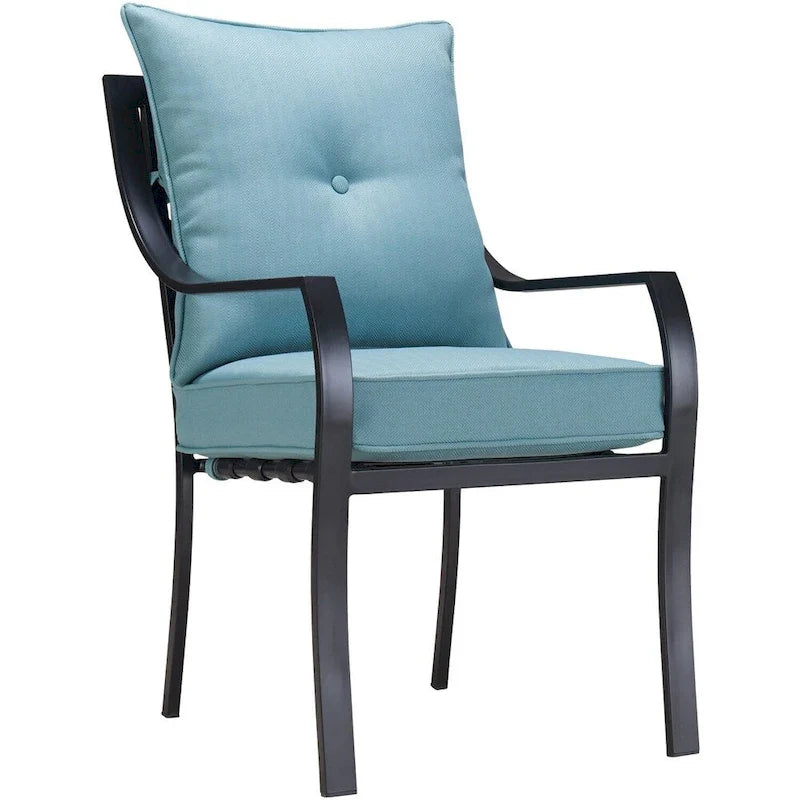 Hanover 5-Piece Outdoor Dining Set, Ocean Blue, 52-in Round Glass-Top Table, 4 Chairs, 9-ft Umbrella and Base - Lavallette