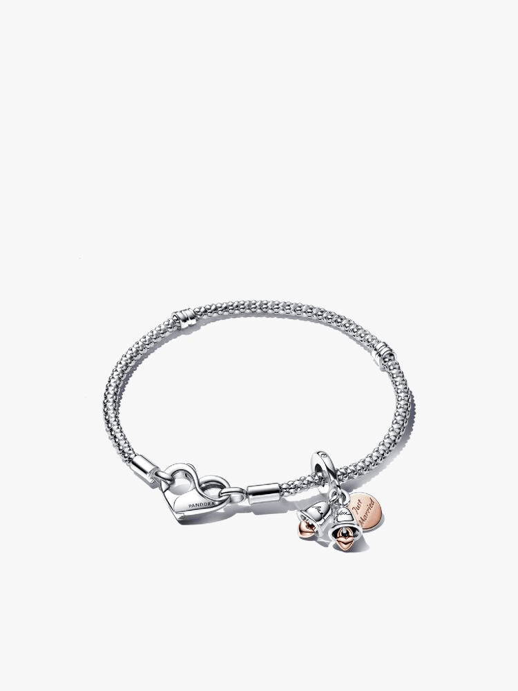 Just Married Two-Tone Wedding Bells Charm & Bracelet Set