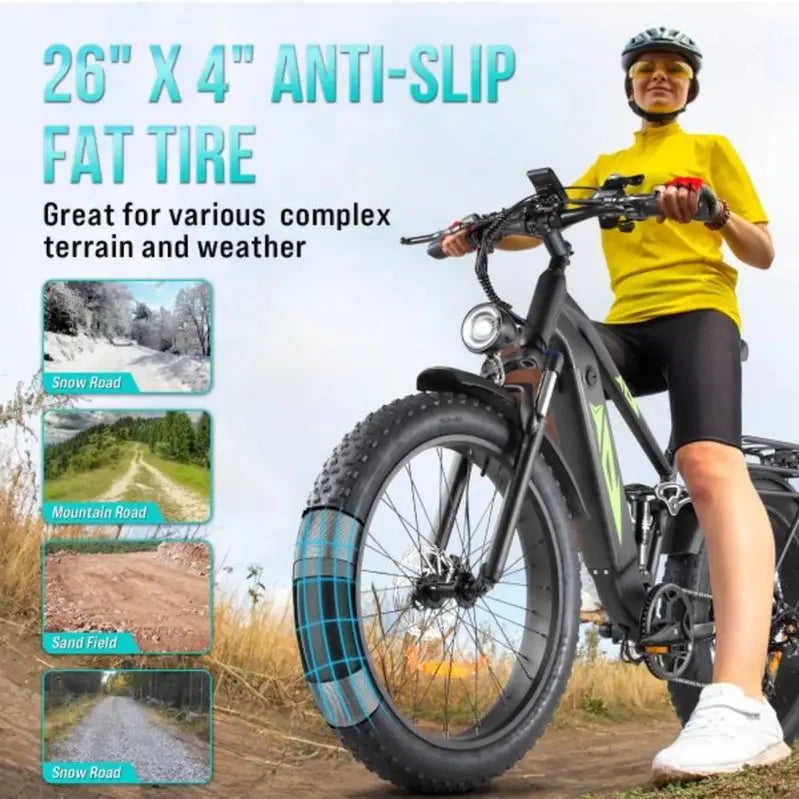 1000W Full-Suspension Fat Tire E-Bike, 26-Inch, 48V, 17.5Ah, 7-Speed - Black