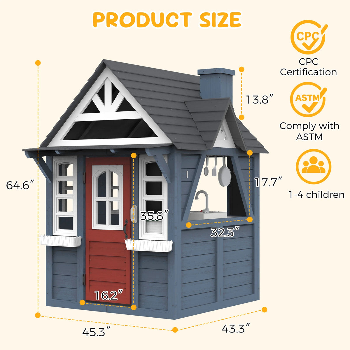 COCLUB Wooden Outdoor Playhouse With Doorbell, Phone And Kitchen Toys, 45in L x 43in W x 65in H