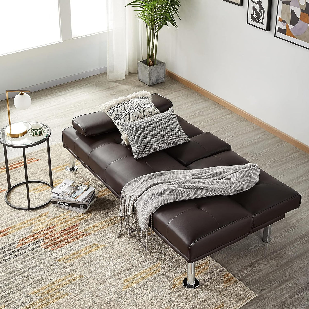 Yaheetech Convertible Faux Leather Sofa Bed, 3 Angles, 772lb Capacity, Black