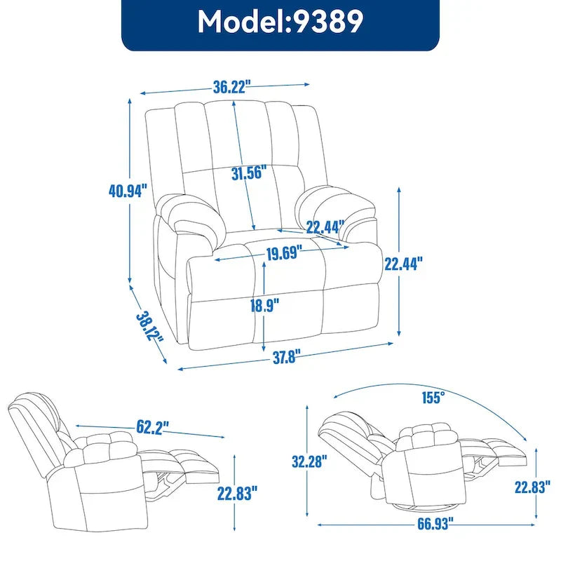 Lazy Boy Oversized Fabric Swivel Rocking Manual Recliner Chair, 37.8L*38.2W*41H, 155 Degrees