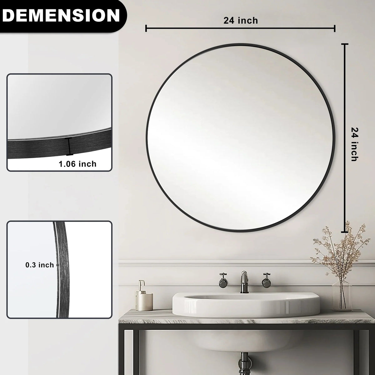 Round Bathroom Vanity Mirror, 24x24 / 36x36, Black, Brushed Gold or Silver