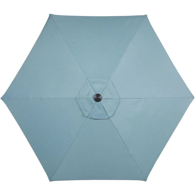 Hanover 5-Piece Outdoor Dining Set, Ocean Blue, 52-in Round Glass-Top Table, 4 Chairs, 9-ft Umbrella and Base - Lavallette