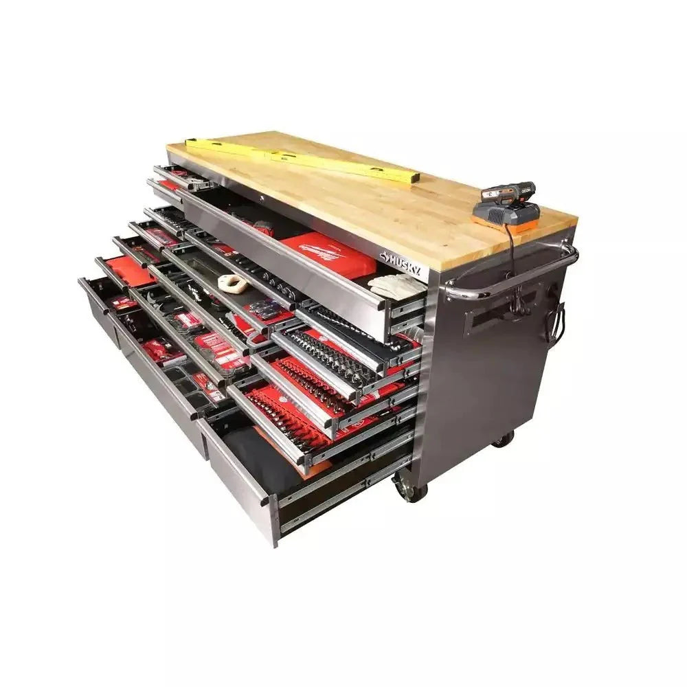 72 in. 18-Drawer 24 in. D Mobile Workbench With Solid Wood Top - Stainless Steel