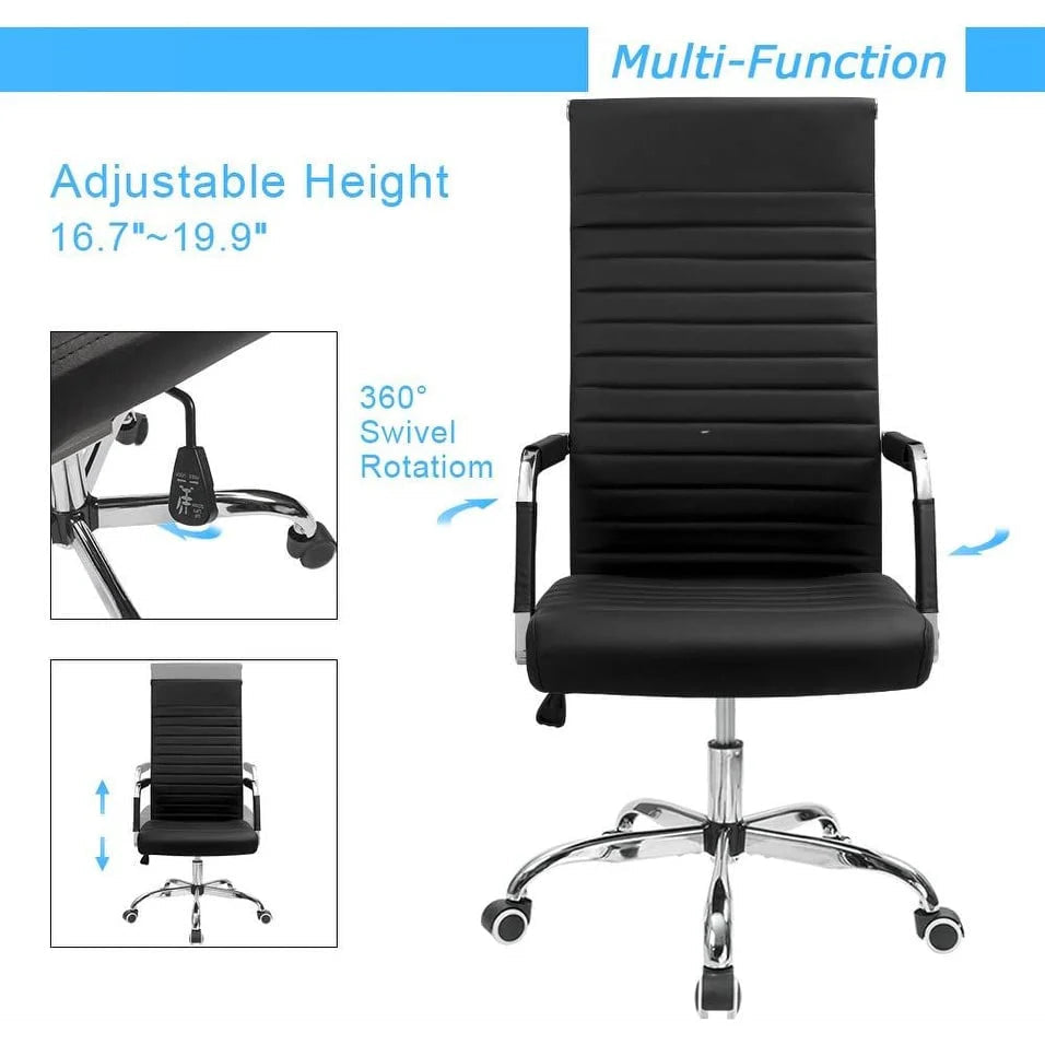 Ribbed High Back PU Leather Office Chair, 3.15-Inch Pad, 19.7 x 19.1 Inch Seat, 18.1 x 29.6 Inch Back, 16.7-19.9 Inch Height, 320 Lb