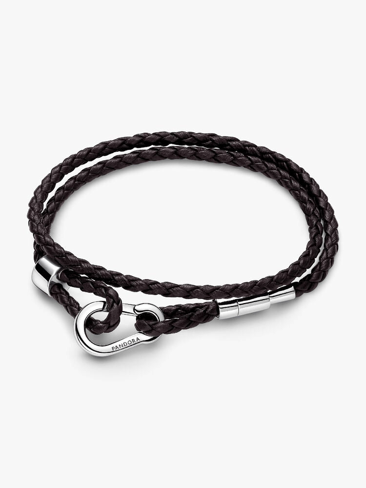 Pandora Moments Brown Braided Double Leather Bracelet