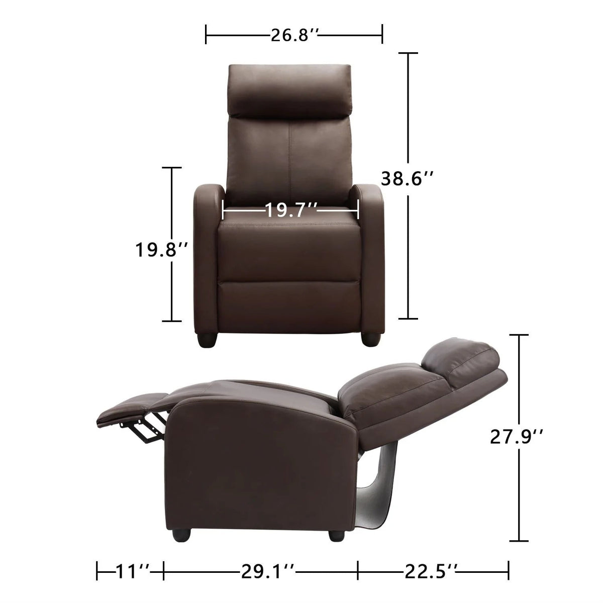 PU Leather Recliner Chair, 27.6 x 35.8 x 38.6 in, 3 Reclining Positions