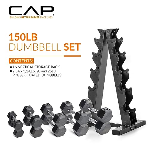 CAP Barbell 150 LB Coated Hex Dumbbell Weight Set With Vertical Rack - Black