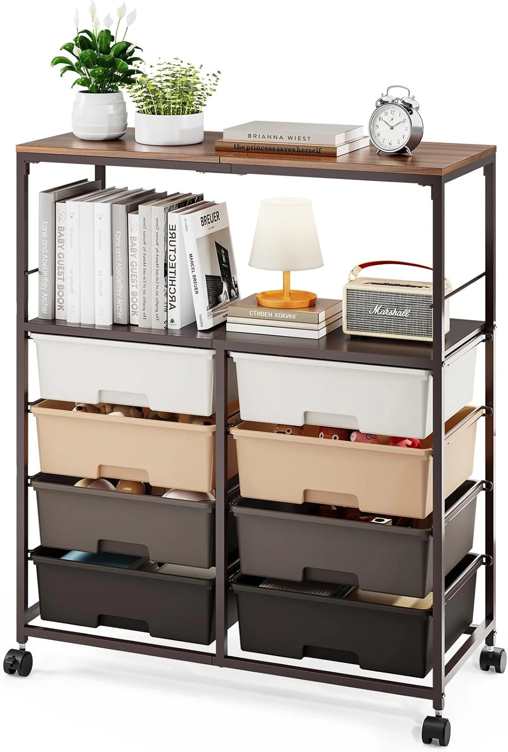 8-Drawer Rolling Storage Cart With Wooden Top And Lockable Wheels