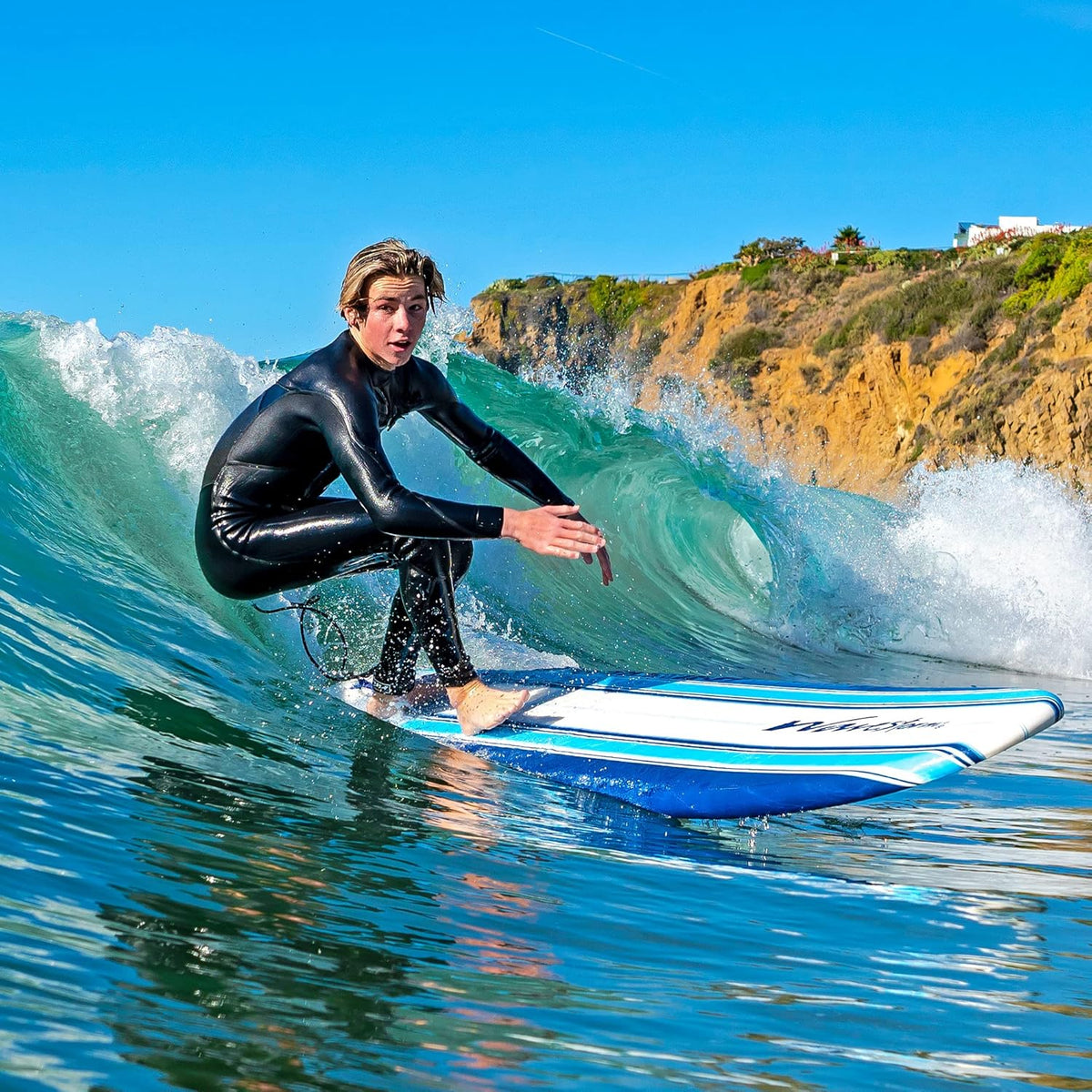 8ft Soft Top Foam Surfboard, EPS Core, 3 Stringers, Wax-Free Longboard, 200lb Capacity