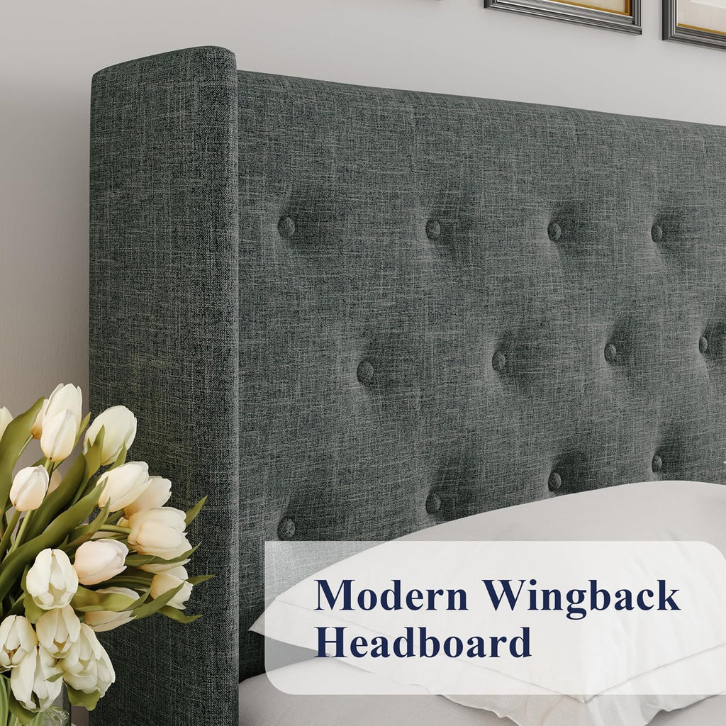 Queen Size Lift-Up Storage Bed With Wingback Headboard, Upholstered Platform Bed Frame With Hidden Storage