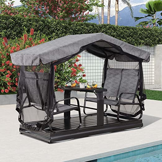 Purple Leaf 4-Person Outdoor Glider Bench Set With Glass Table, 6.1 Feet x 7.3 Feet x 3.7 Feet