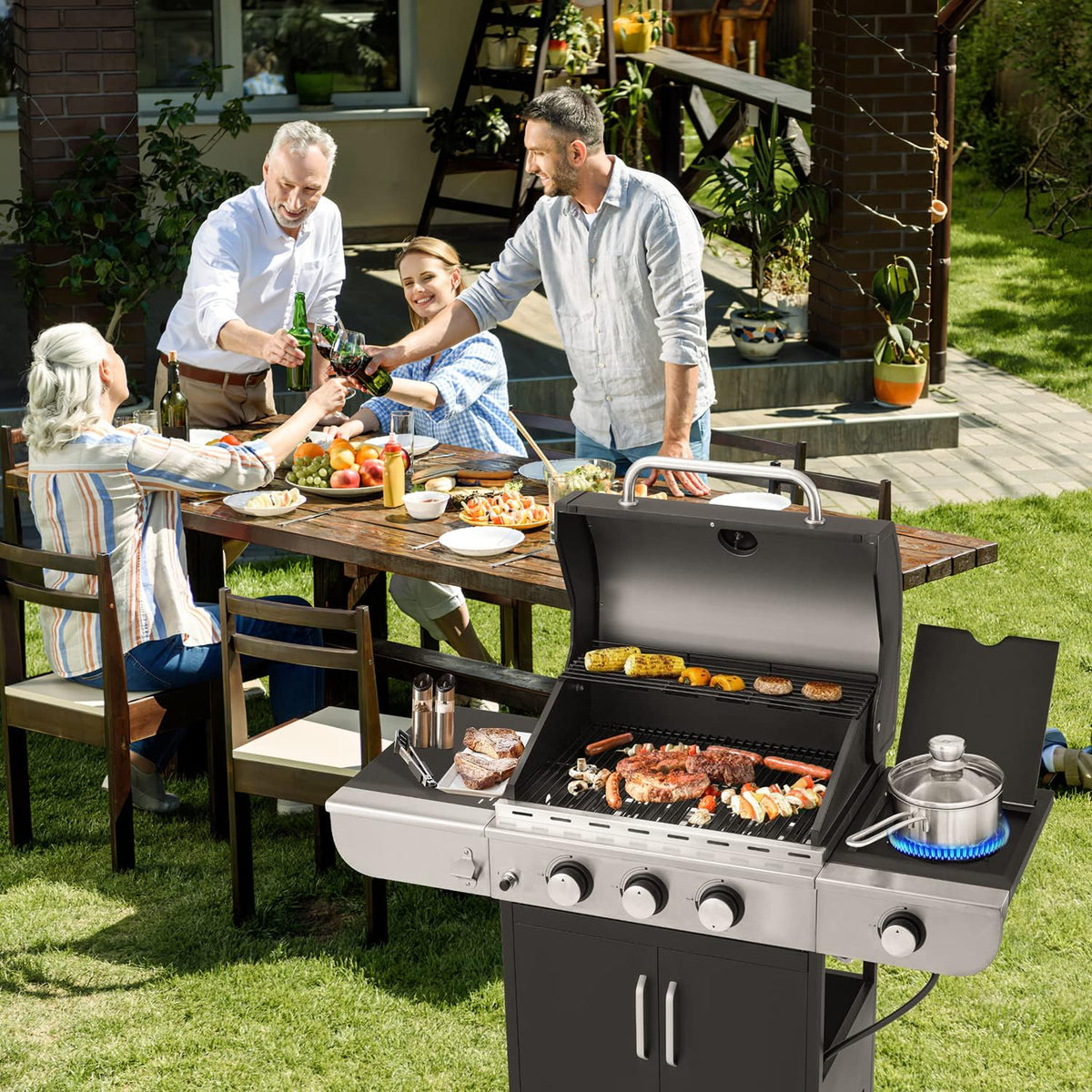 MELLCOM 4 Burner Propane Gas Grill With Cast Iron Grates And Side Stove, 44,000 BTU, Black - BBQ-4+1
