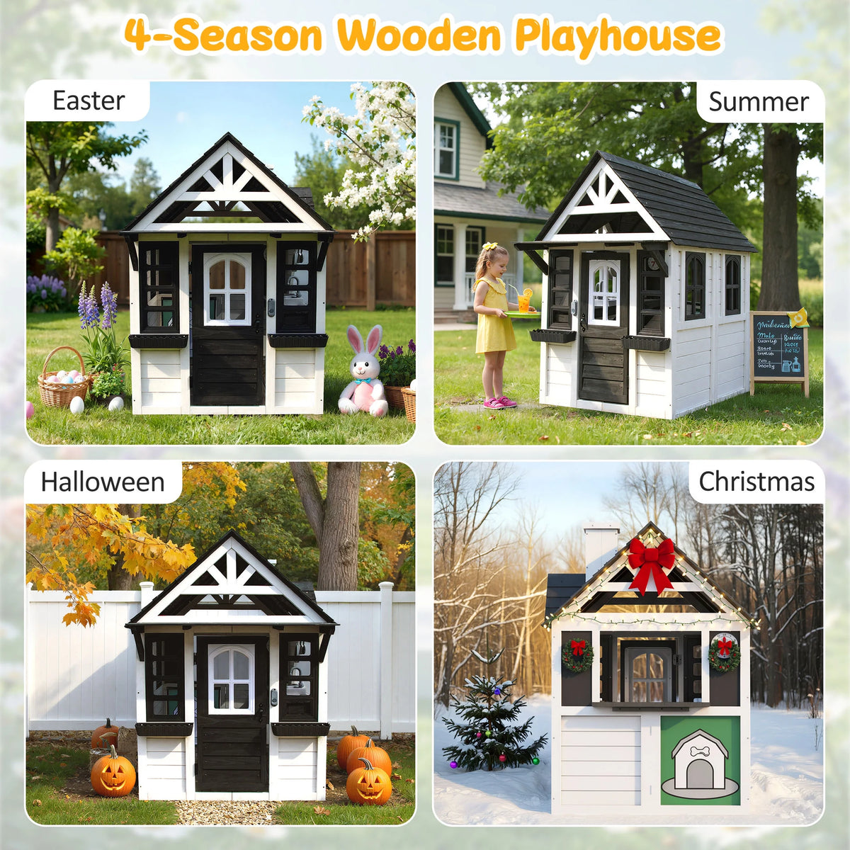 COCLUB Wooden Outdoor Playhouse With Doorbell, Phone And Kitchen Toys, 45in L x 43in W x 65in H