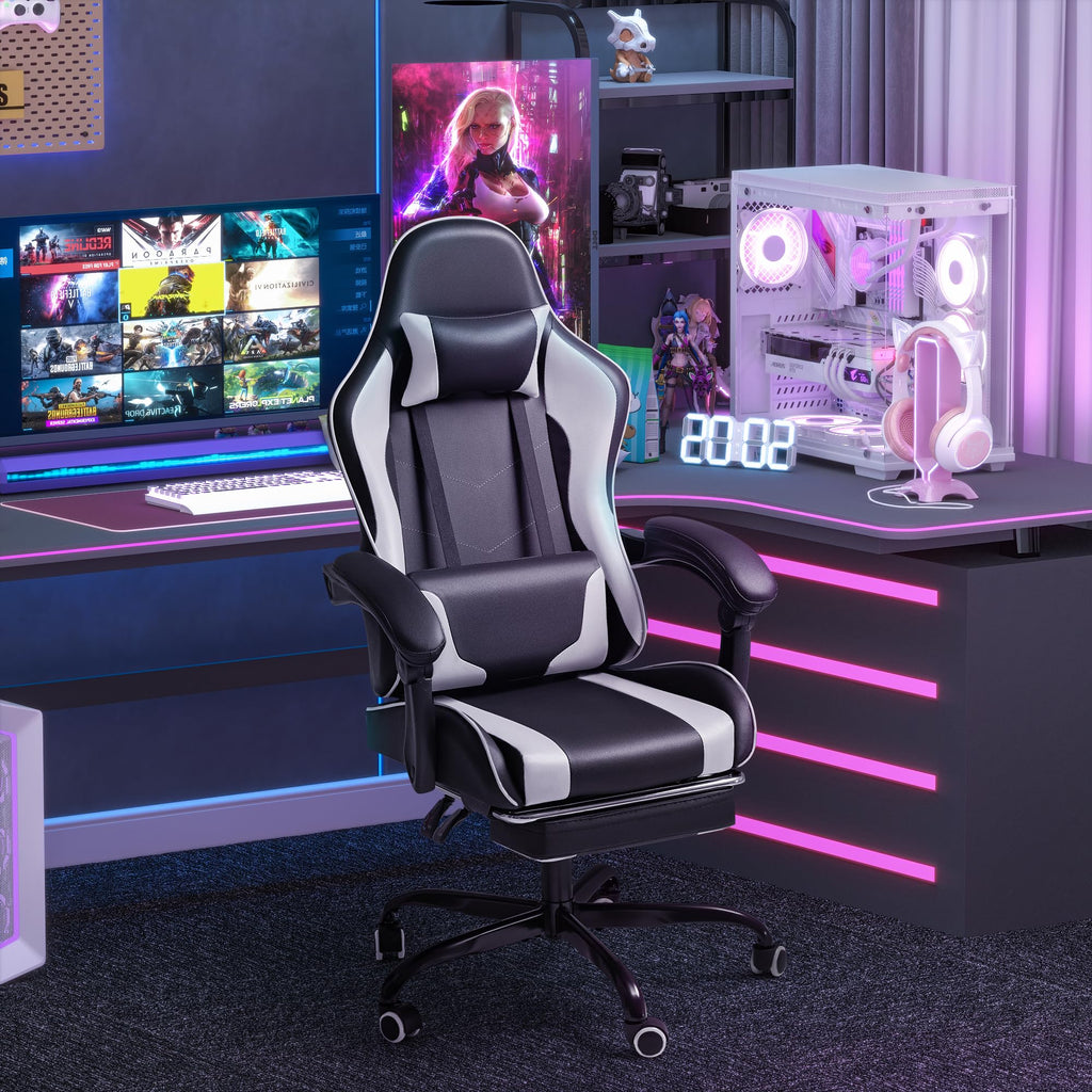 Ergonomic Gaming Chair With Footrest, Massage Lumbar Support, Reclining Backrest And PU Leather