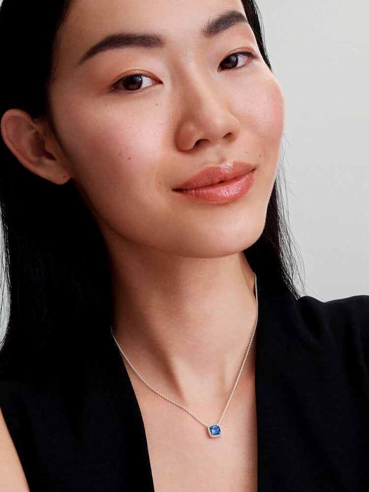 Sparkling Square Blue Halo Pendant Necklace