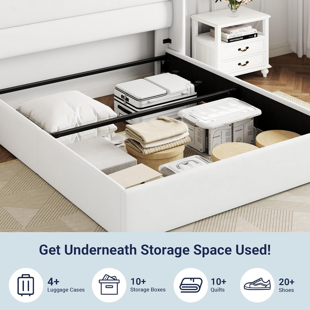 Queen Size Lift-Up Storage Bed With Wingback Headboard, Upholstered Platform Bed Frame With Hidden Storage
