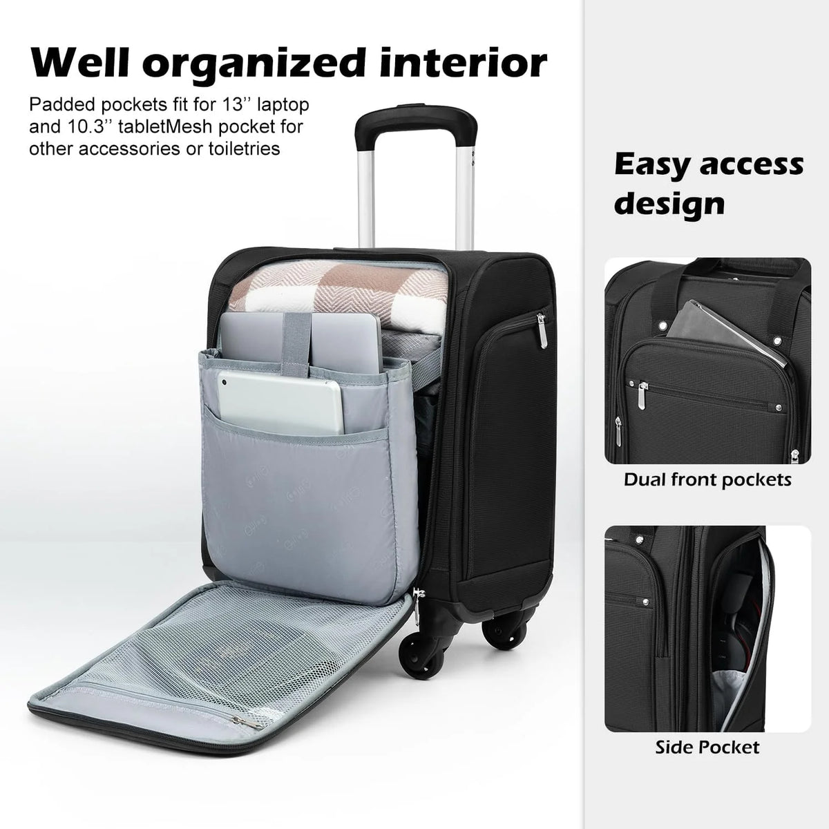 Underseat Carry-On Softside Spinner Luggage - Underseat-14-Inch-Plus