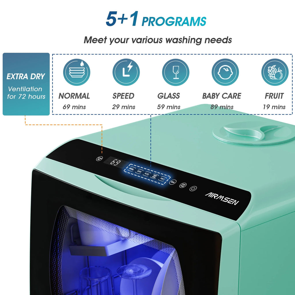 AIRMSEN Portable Countertop Dishwasher With 5L Built-In Water Tank And 5 Washing Programs - AE-TDQR03