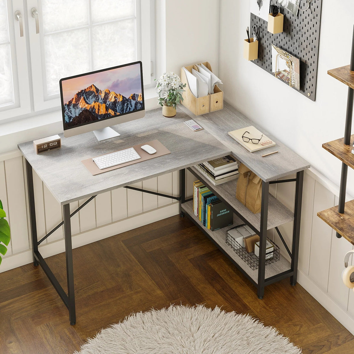 Small L-Shaped Computer Desk With Reversible Storage Shelves - 55-Inch / 47-Inch