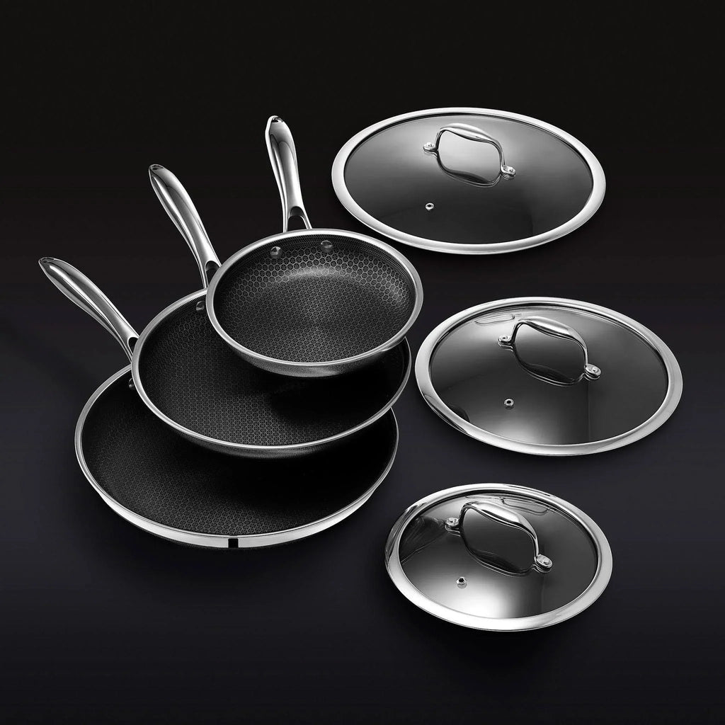 HexClad Hybrid Stainless Steel Cookware Pan Set, 6 Piece, 8 inch, 10 inch, 12 inch, Glass Lids, Black