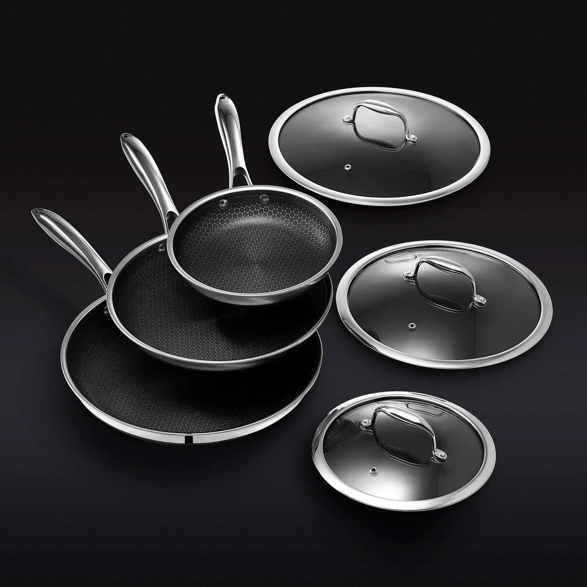 HexClad Hybrid Stainless Steel Cookware Pan Set, 6 Piece, 8 inch, 10 inch, 12 inch, Glass Lids, Black
