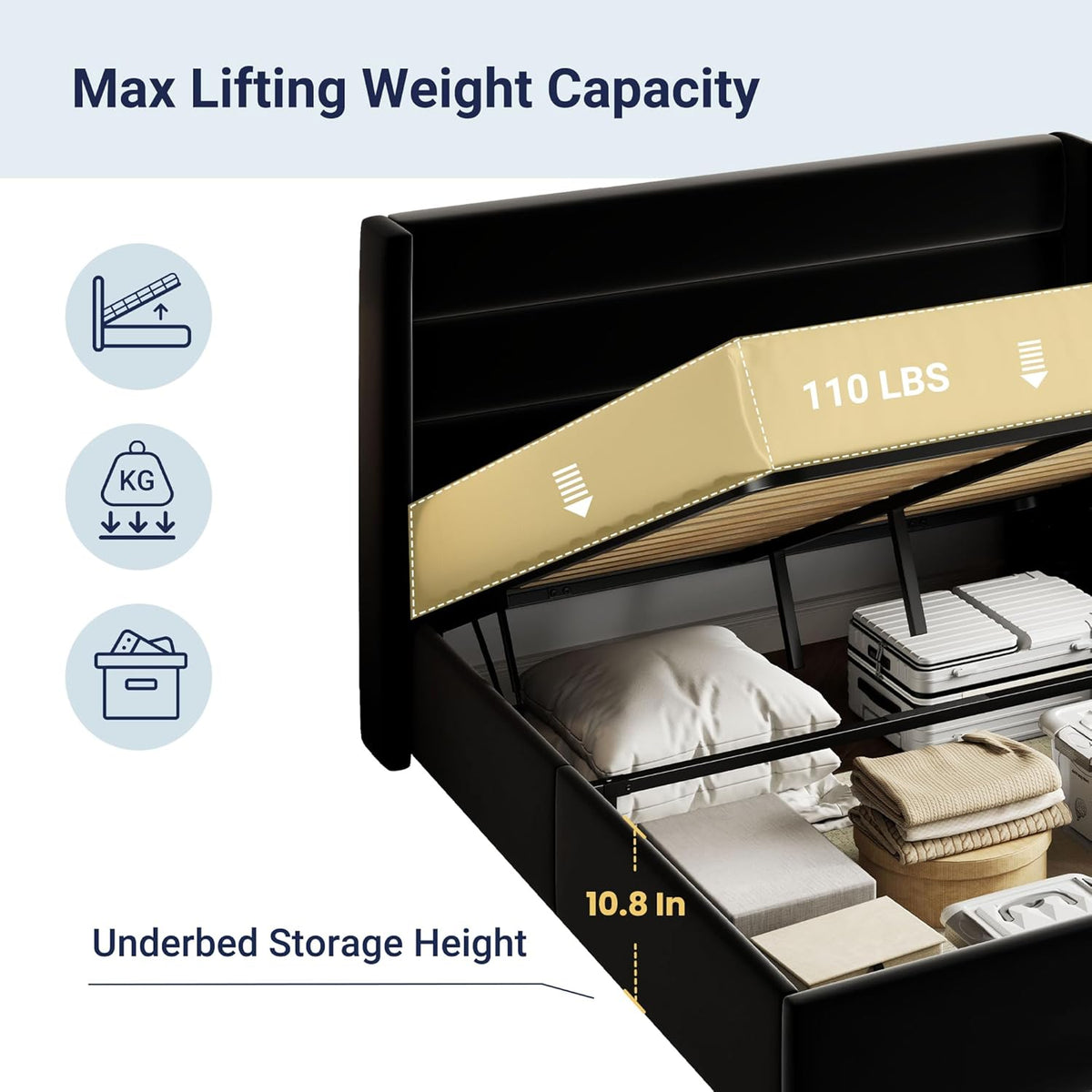 Queen Size Lift-Up Storage Bed With Wingback Headboard, Upholstered Platform Bed Frame With Hidden Storage