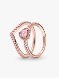 Sparkling Pink Heart Wishbone Ring Set