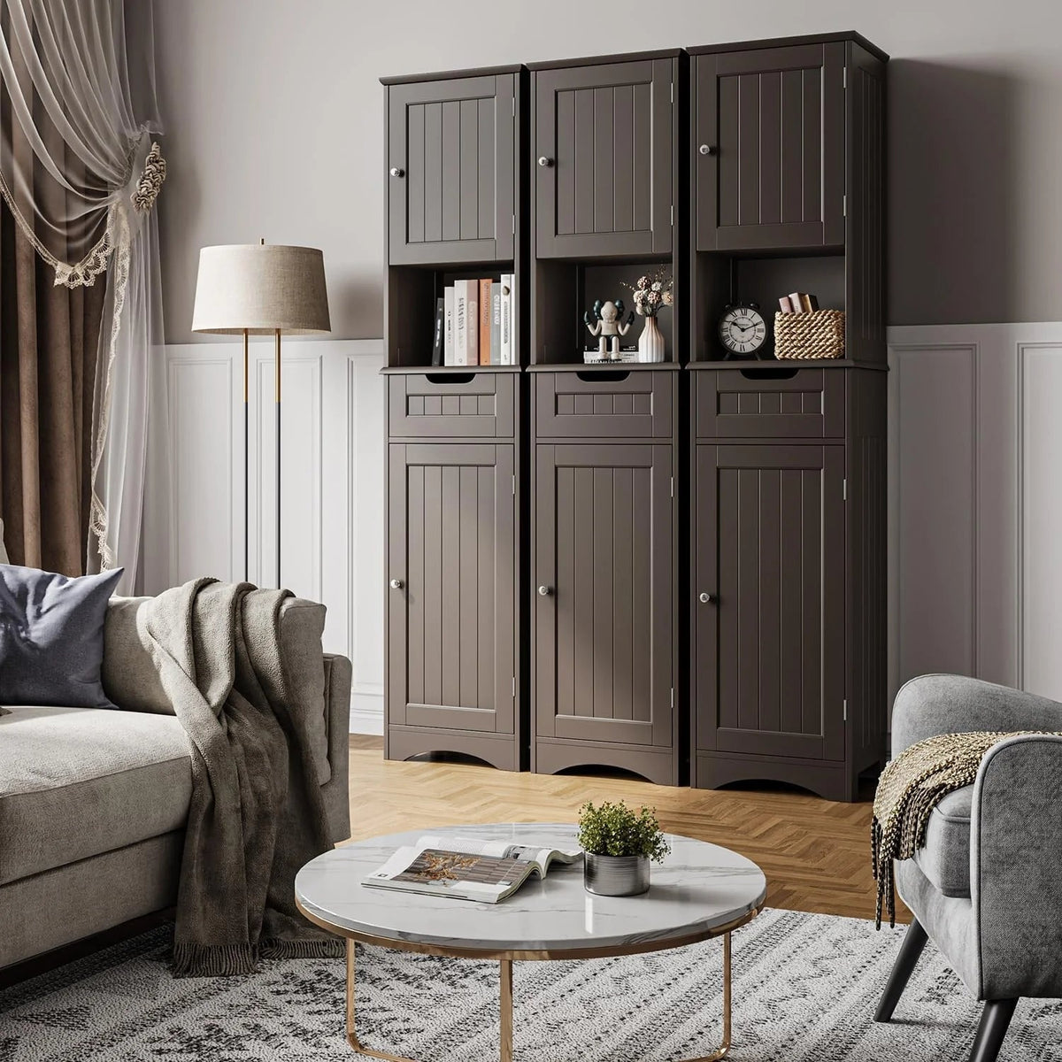 67 Inch Tall Narrow Bathroom Linen Storage Cabinet, 5-Tier Solid Wood Freestanding